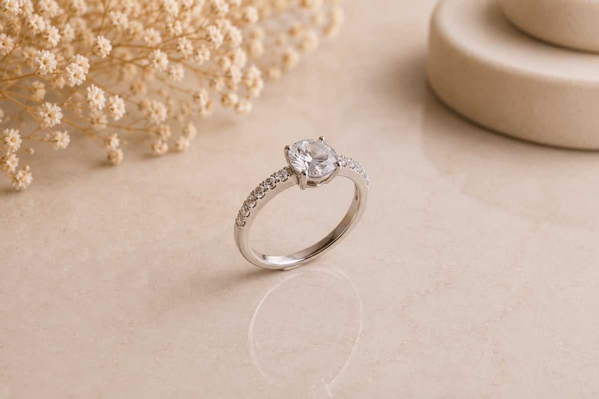 Round CZ Scroll Shoulder Solitaire Ring